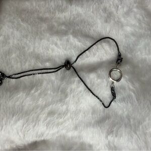 Gunmetal Beaded Adjustable Slider Bracelet with Silver Hoop Accent